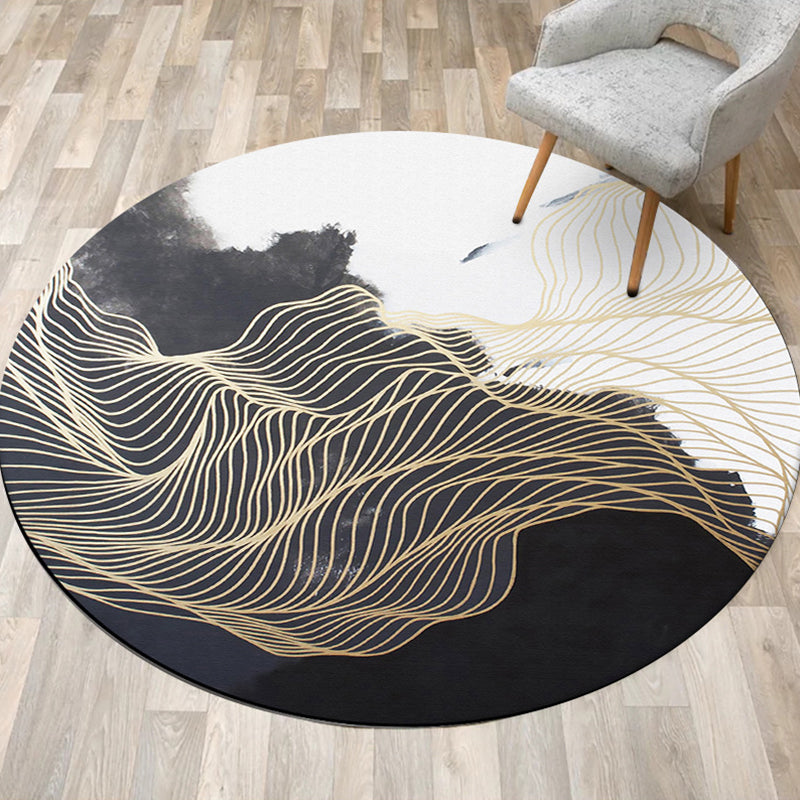 Contemporary Swirl Stripe Pattern Rug Black and White Polyester Rug Machine Washable Non-Slip Area Rug for Bed - view 3