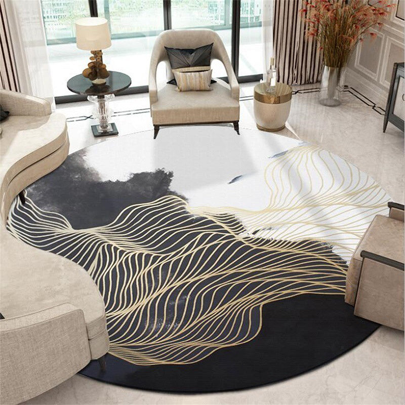 Contemporary Swirl Stripe Pattern Rug Black and White Polyester Rug Machine Washable Non-Slip Area Rug for Bedroom