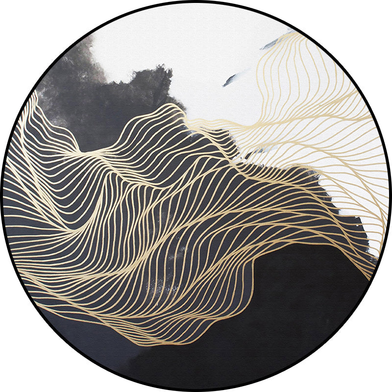 Contemporary Swirl Stripe Pattern Rug Black and White Polyester Rug Machine Washable Non-Slip Area Rug for Bed