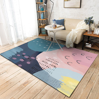 Novelty Living Room Rug in Pink and Blue Colorblock Print Rug Polyester Machine Washable Area Rug