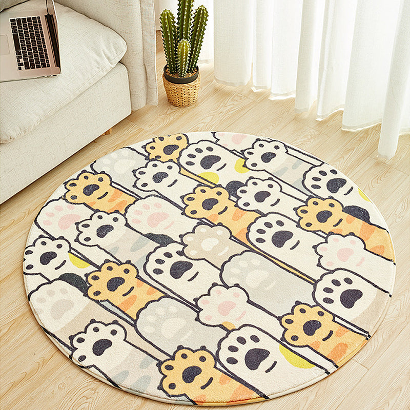 Yellow and White Kids Rug Polyester Cat Footprint Pattern Rug Washable Non-Slip Backing Carpet for Kids' Room
