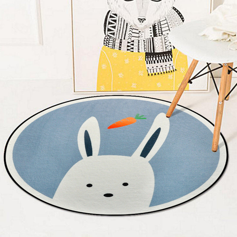 Blue and Ivory Child's Room Rug Kids Animal Bunny Owl Elephant Penguin Pattern Area Rug Polyester Washable Carpet - Blue - Clearhalo - 'Area Rug' - 'Rug' - 1624360