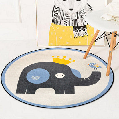 Blue and Ivory Child's Room Rug Kids Animal Bunny Owl Elephant Penguin Pattern Area Rug Polyester Washable Carpet - Cream - Clearhalo - 'Area Rug' - 'Rug' - 1624372