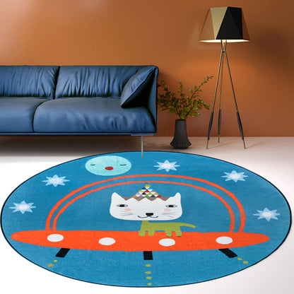 Cute Kids Rug in Blue Animal Cat Spaceship Pattern Rug Polyester Anti-Slip Backing Carpet for Children's Room