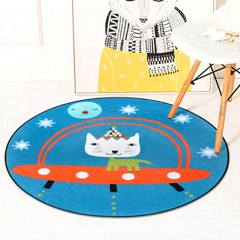 Cute Kids Rug in Blue Animal Cat Spaceship Pattern Rug Polyester Anti-Slip Backing Carpet for Children's Room