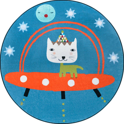 Cute Kids Rug in Blue Animal Cat Spaceship Pattern Rug Polyester Anti-Slip Backing Carpet for Children's Room