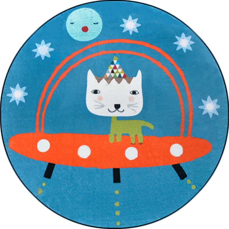 Cute Kids Rug in Blue Animal Cat Spaceship Pattern Rug Polyester Anti-Slip Backing Carpet for Children's Room - view 3