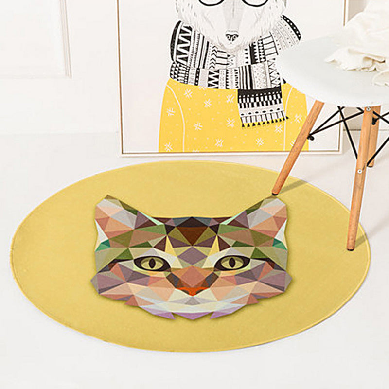 Green and Yellow Child's Room Rug Kids Animal Deer Bear Wolf Cat Pattern Area Rug Polyester Anti-Slip Backing