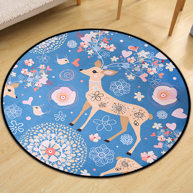 Kids Nursery Rug in Blue Animal Deer Floral Print Rug Polyester Stain-Resistant Area Rug - Clearhalo - 'Area Rug' - 'Rug' - 1625043