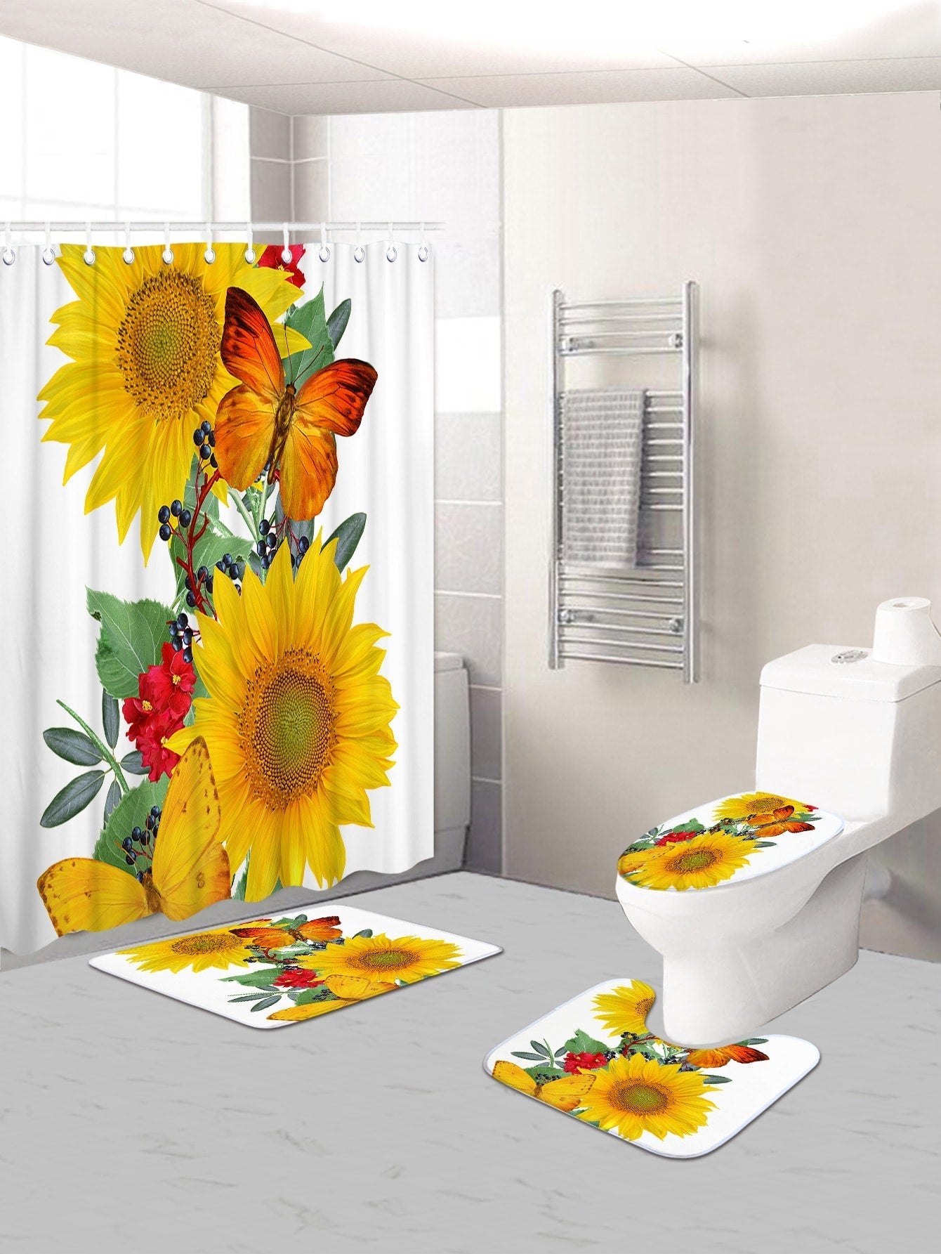 4pc Sunflower Print Bath Mat And Shower Curtain