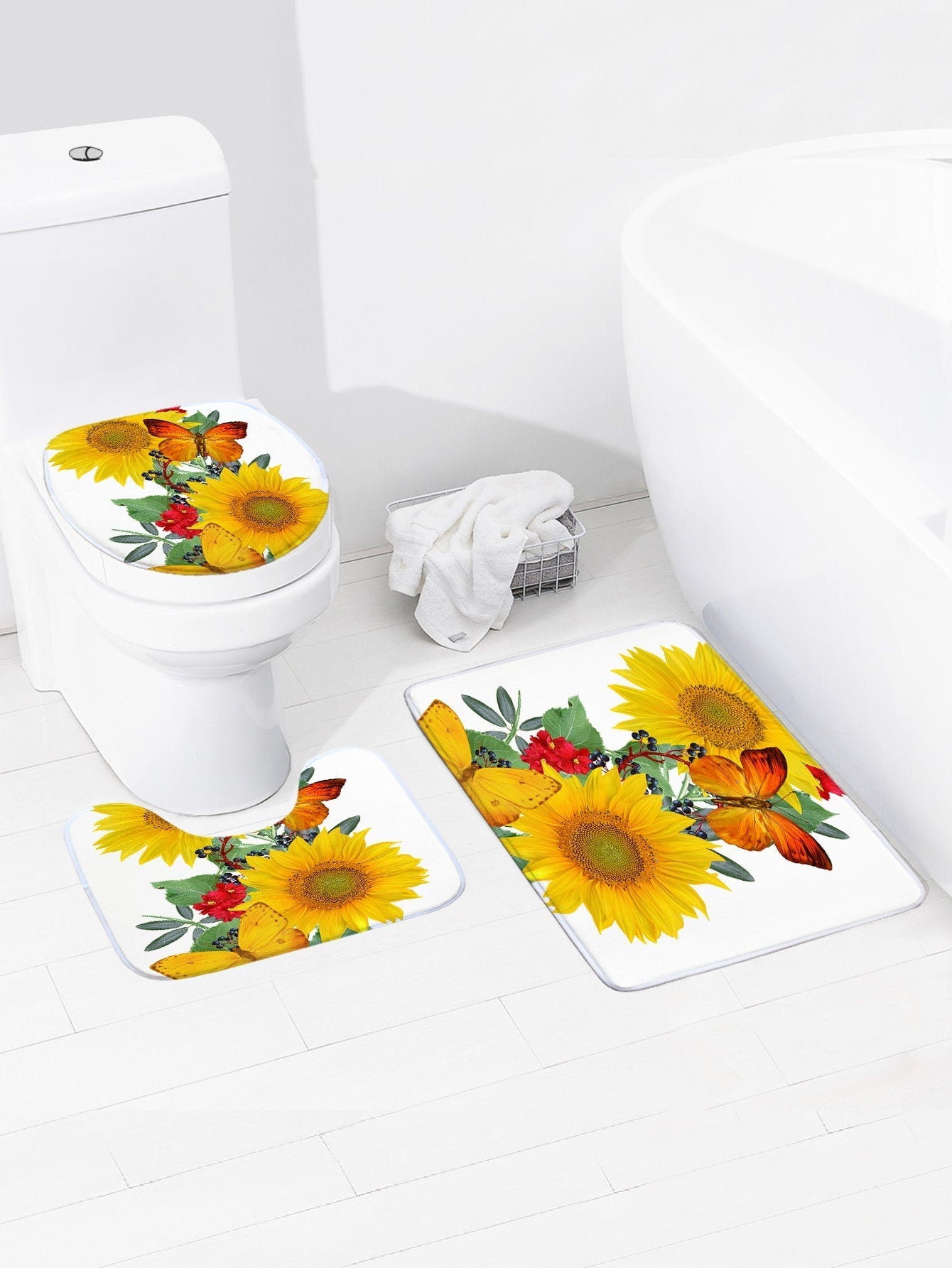 4pc Sunflower Print Bath Mat And Shower Curtain
