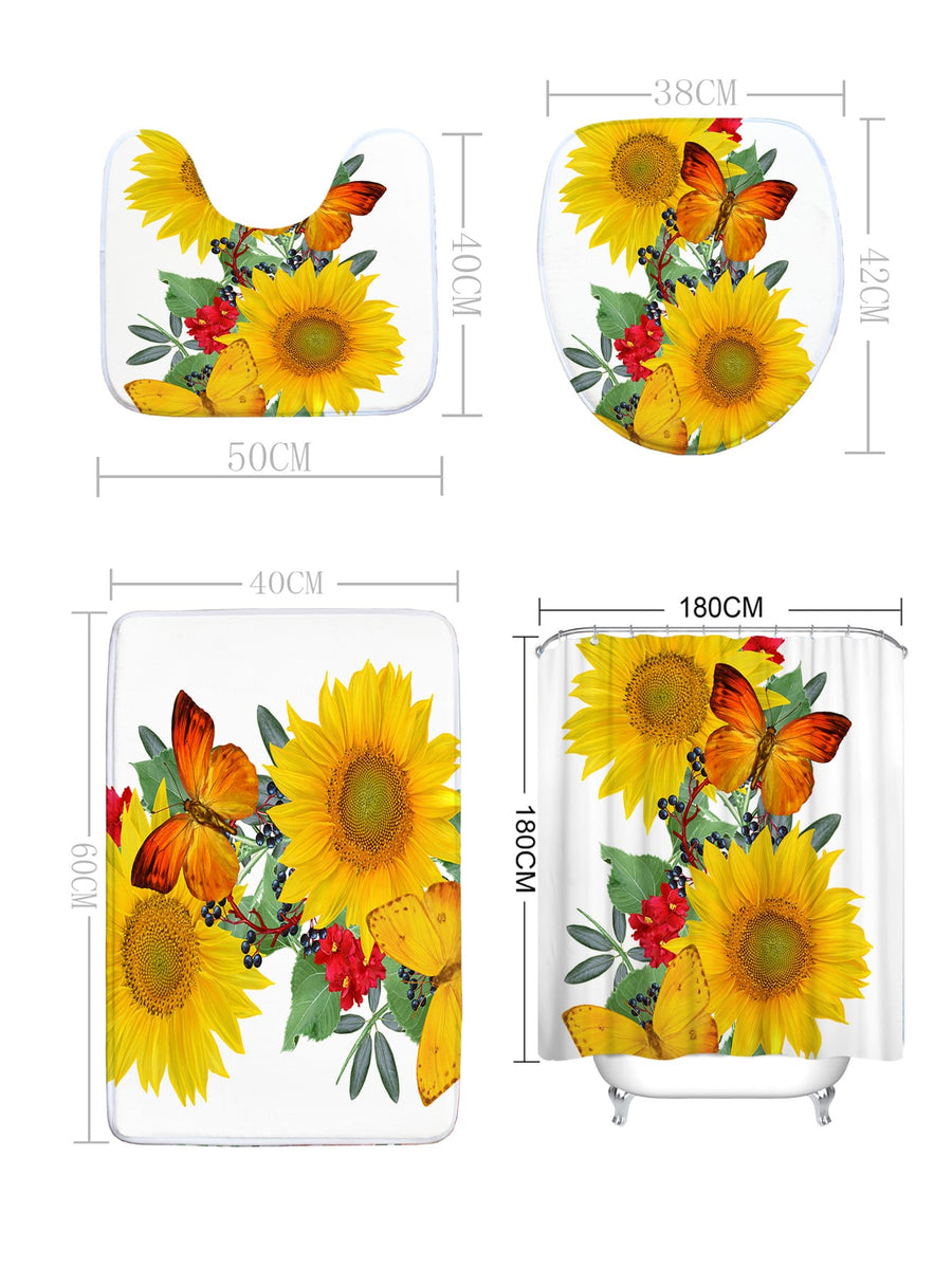 4pc Sunflower Print Bath Mat And Shower Curtain - view 3