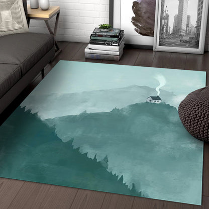 Green Bedroom Rug Modern Geography Mountain House Pattern Area Rug Polyester Anti-Slip Backing Carpet