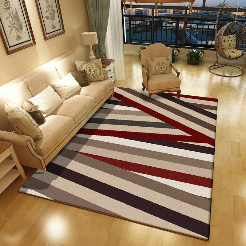 Novelty Living Room Rug in Brown Geometric Stripe Print Rug Polyester Non-Slip Backing Washable Area Rug