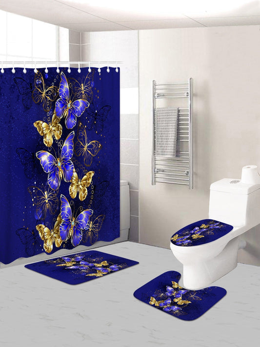 4 pc Butterfly Print Bath Rug and 1pc Shower Curtain