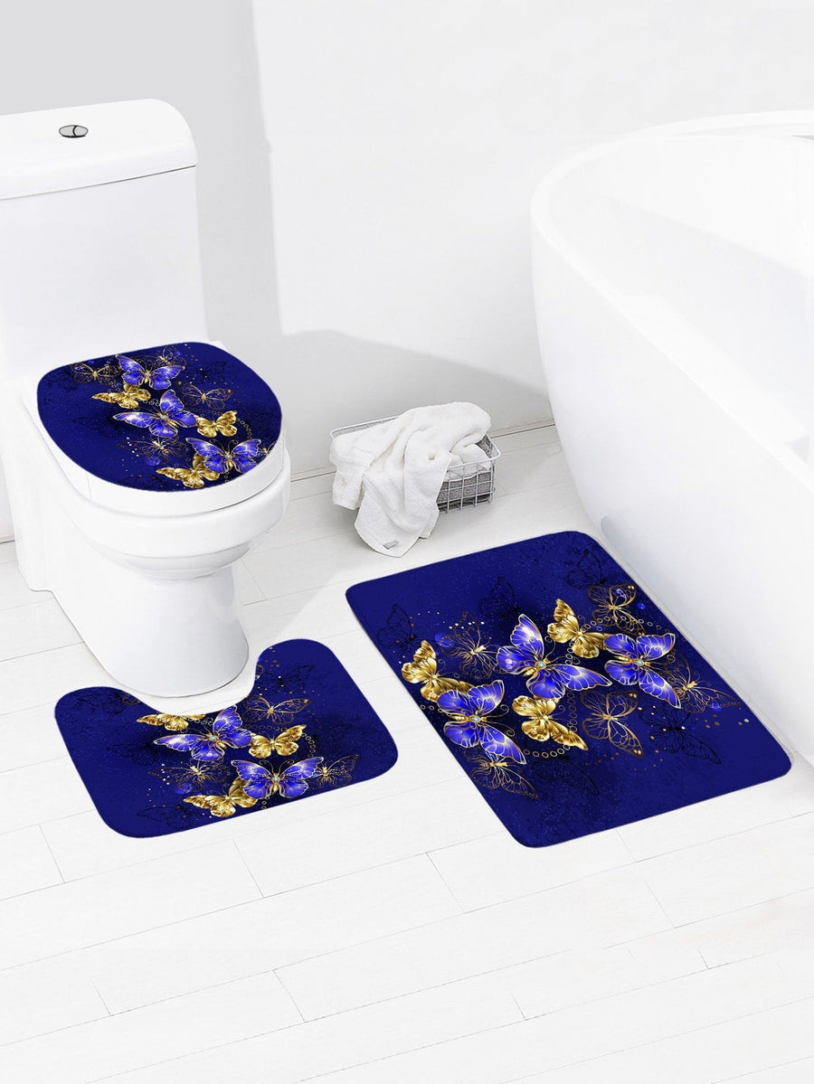 4 pc Butterfly Print Bath Rug and 1pc Shower Curtain - view 2
