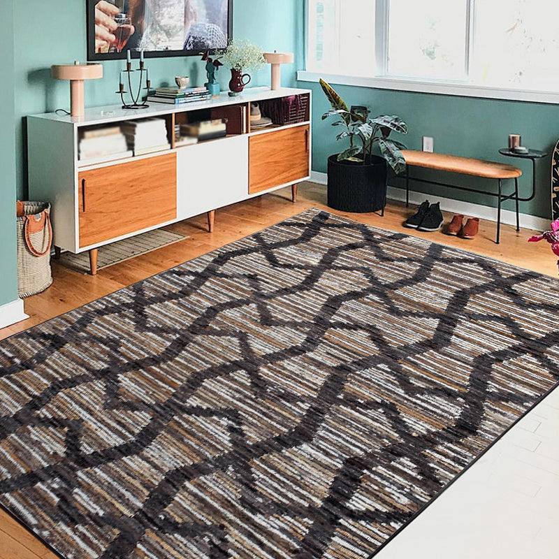 Brown Bedroom Rug Novelty Geometry Stripe Wave Pattern Area Rug Polyester Anti-Slip Backing Carpet - Clearhalo - 'Area Rug' - 'Rug' - 1636783