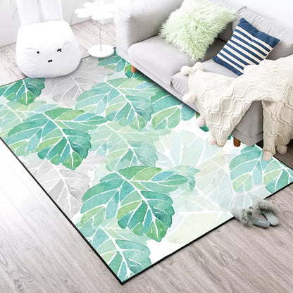 Green and White Bedroom Rug Tropical Botanical Leaf Pattern Area Rug Polyester Stain-Resistant Washable Carpet