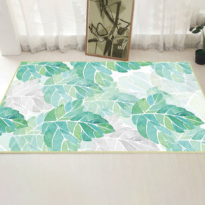 Green and White Bedroom Rug Tropical Botanical Leaf Pattern Area Rug Polyester Stain-Resistant Washable Carpet