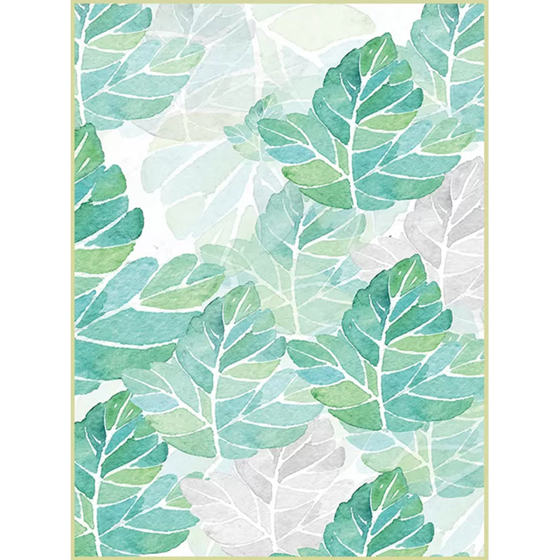 Green and White Bedroom Rug Tropical Botanical Leaf Pattern Area Rug Polyester Stain-Resistant Washable Carpet