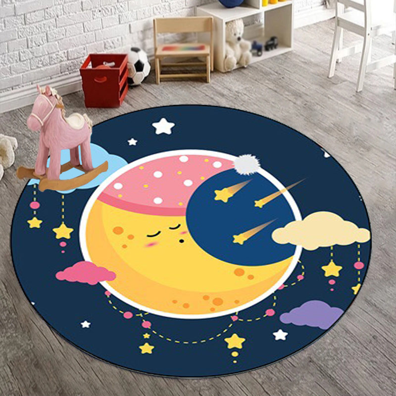 Blue Child's Room Rug Kids Fairy Tales Moon Stars Pattern Area Rug Polyester Anti-Slip Backing Carpet - Navy - Clearhalo - 'Area Rug' - 'Rug' - 1636836