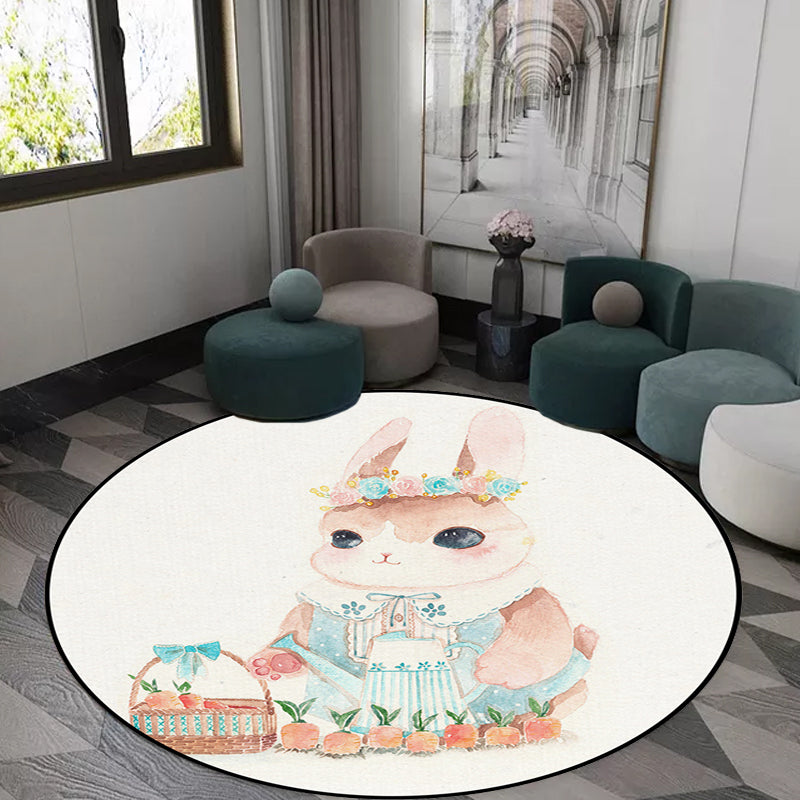 Cute Kids Rug in White Animal Owl Rabbit Sloth Pattern Rug Polyester Non-Slip Washable Carpet for Nursery