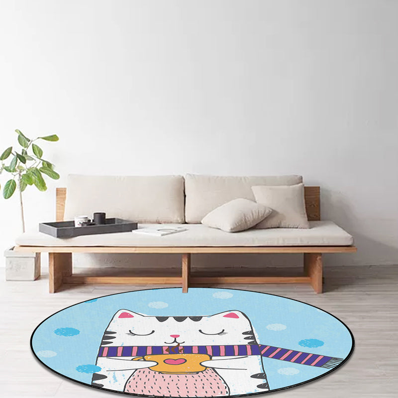White and Blue Child's Room Rug Kids Animal Cat Dots Pattern Area Rug Polyester Pet Friendly Carpet Clearhalo 'Area Rug' 'Rug' 1648473