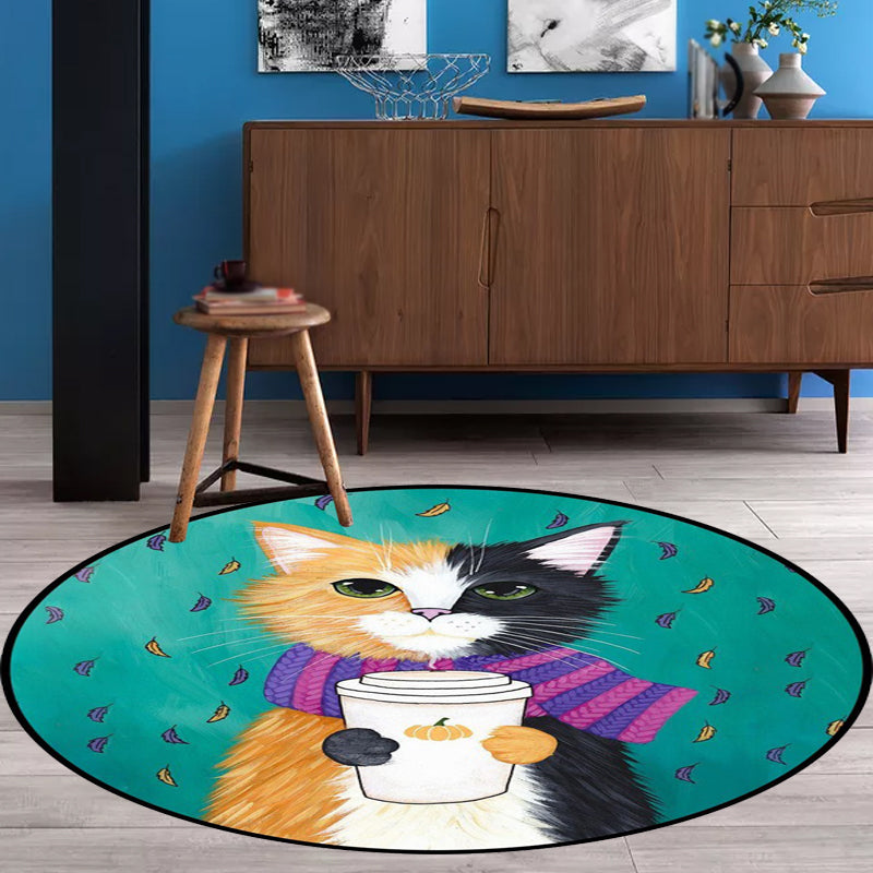 Blue and Green Child's Room Rug Kids Animal Dressed Cat Leaf Pattern Area Rug Polyester Washable Carpet - Orange - Clearhalo - 'Area Rug' - 'Rug' - 1648475