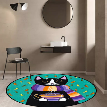 Blue and Green Child's Room Rug Kids Animal Dressed Cat Leaf Pattern Area Rug Polyester Washable Carpet - Black - Clearhalo - 'Area Rug' - 'Rug' - 1648485