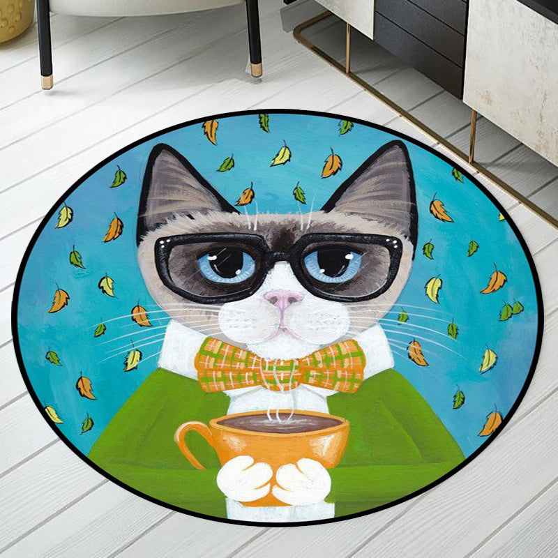 Blue and Green Child's Room Rug Kids Animal Dressed Cat Leaf Pattern Area Rug Polyester Washable Carpet - Green - Clearhalo - 'Area Rug' - 'Rug' - 1648488