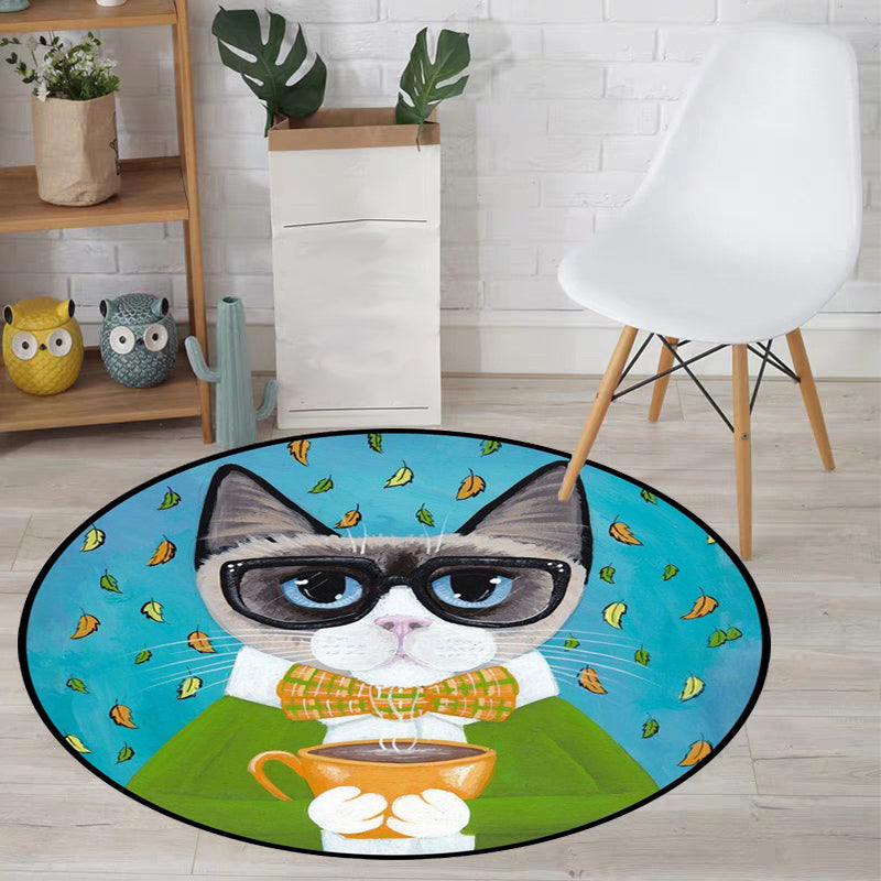 Blue and Green Child's Room Rug Kids Animal Dressed Cat Leaf Pattern Area Rug Polyester Washable Carpet - Clearhalo - 'Area Rug' - 'Rug' - 1648489