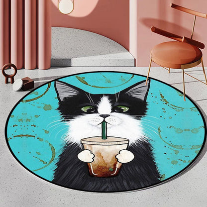 Blue and Green Child's Room Rug Kids Animal Dressed Cat Leaf Pattern Area Rug Polyester Washable Carpet - Clearhalo - 'Area Rug' - 'Rug' - 1648491