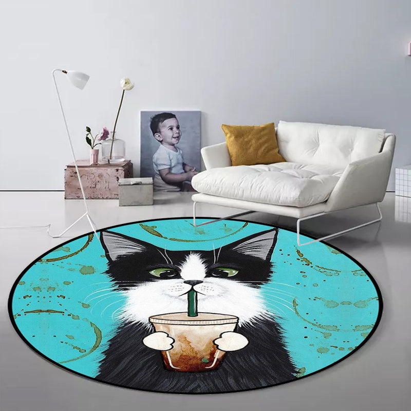 Blue and Green Child's Room Rug Kids Animal Dressed Cat Leaf Pattern Area Rug Polyester Washable Carpet - Clearhalo - 'Area Rug' - 'Rug' - 1648492