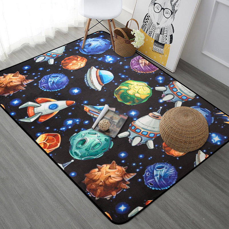 Kids Child's Room Rug in Blue and Black Outer Space Spaceship Planet Print Rug Polyester Machine Washable Area Rug - Black - Design 1 - Clearhalo - 'Area Rug' - 'Rug' - 1648569