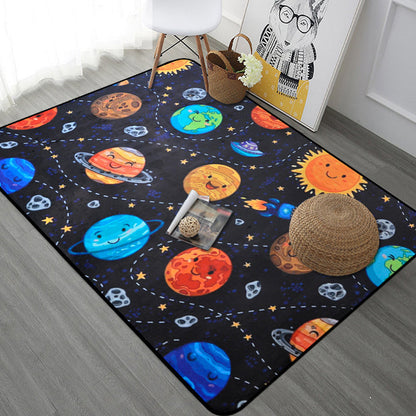 Kids Child's Room Rug in Blue and Black Outer Space Spaceship Planet Print Rug Polyester Machine Washable Area Rug - Black - Design 2 - Clearhalo - 'Area Rug' - 'Rug' - 1648573