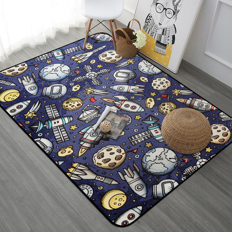 Kids Child's Room Rug in Blue and Black Outer Space Spaceship Planet Print Rug Polyester Machine Washable Area Rug - Blue - Design 1 - Clearhalo - 'Area Rug' - 'Rug' - 1648574