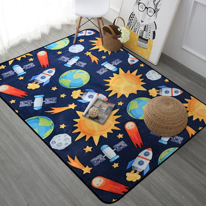 Kids Child's Room Rug in Blue and Black Outer Space Spaceship Planet Print Rug Polyester Machine Washable Area Rug - Blue - Design 2 - Clearhalo - 'Area Rug' - 'Rug' - 1648575