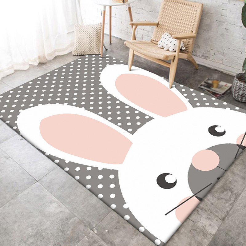 Grey Child's Room Rug Kids Animal Rabbit Dots Pattern Area Rug Polyester Anti-Slip Backing Carpet