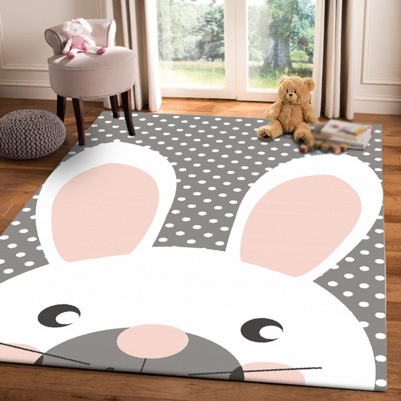 Grey Child's Room Rug Kids Animal Rabbit Dots Pattern Area Rug Polyester Anti-Slip Backing Carpet