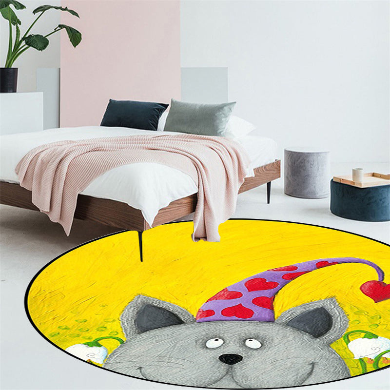 Kids Bedroom Rug in Green and Yellow Animal Cat Heart Star Print Rug Polyester Stain-Resistant Area Rug - Yellow - Clearhalo - 'Area Rug' - 'Rug' - 1648679