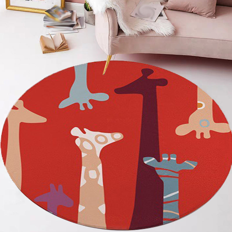 Red and Yellow Child's Room Rug Kids Animal Cat Bear Giraffe Pattern Area Rug Polyester Pet Friendly Washable Carpet - Red - Clearhalo - 'Area Rug' - 'Rug' - 1648694