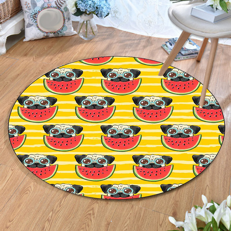 Yellow and Pink Child's Room Rug Kids Animal Dog Watermelon Leaf Pattern Area Rug Polyester Washable Carpet