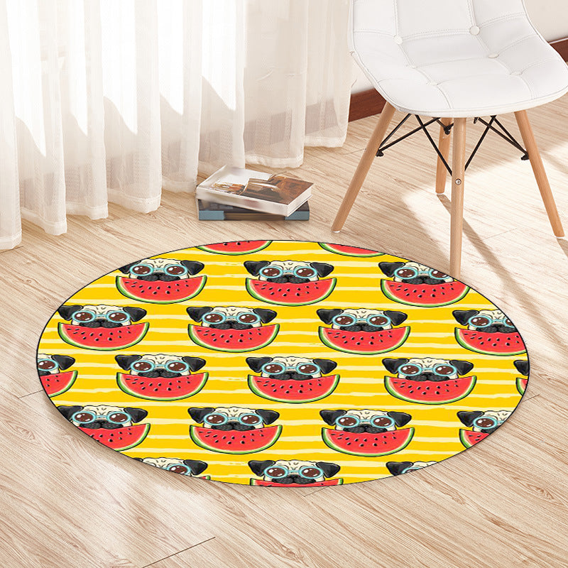 Yellow and Pink Child's Room Rug Kids Animal Dog Watermelon Leaf Pattern Area Rug Polyester Washable Carpet