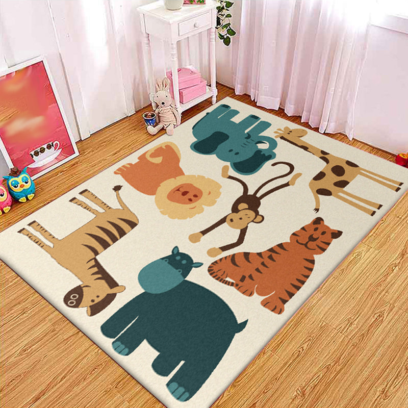 Kids Bedroom Rug in Yellow Animal Elephant Tiger Lion Print Rug Polyester Pet Friendly Area Rug - Beige - Clearhalo - 'Area Rug' - 'Rug' - 1648735
