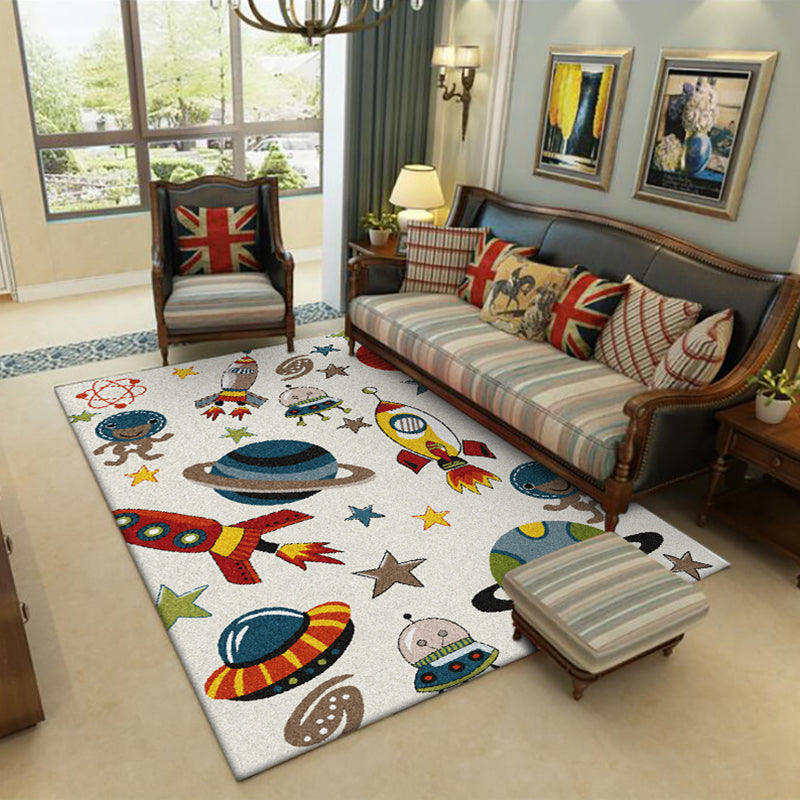 Ivory Child's Room Rug Kids Outer Space Planet Star Rocket Pattern Area Rug Polyester Pet Friendly Carpet - White - Clearhalo - 'Area Rug' - 'Rug' - 1648744