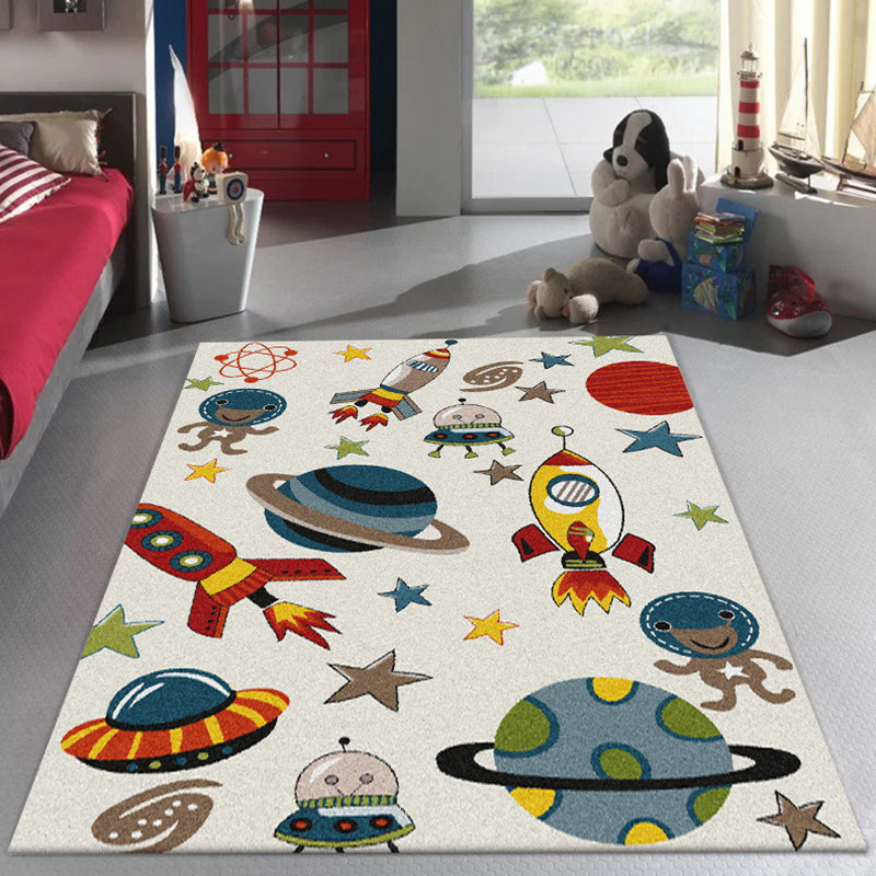 Ivory Child's Room Rug Kids Outer Space Planet Star Rocket Pattern Area Rug Polyester Pet Friendly Carpet - Clearhalo - 'Area Rug' - 'Rug' - 1648745