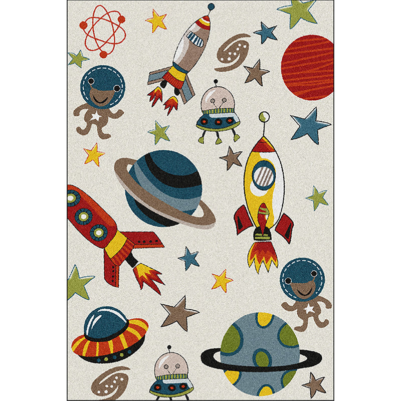 Ivory Child's Room Rug Kids Outer Space Planet Star Rocket Pattern Area Rug Polyester Pet Friendly Carpet - Clearhalo - 'Area Rug' - 'Rug' - 1648746