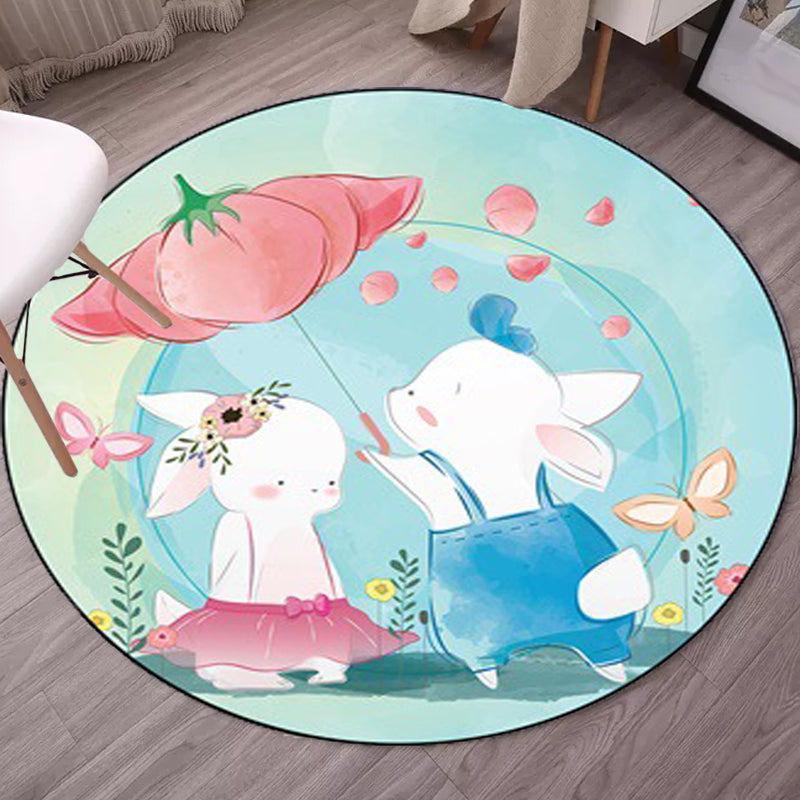 Kids Bedroom Rug in Blue Animal Elephant Rabbit Hedgehog Print Rug Polyester Pet Friendly Area Rug - Clearhalo - 'Area Rug' - 'Rug' - 1648785