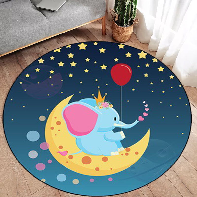 Kids Bedroom Rug in Blue Animal Elephant Rabbit Hedgehog Print Rug Polyester Pet Friendly Area Rug - Dark Blue - Clearhalo - 'Area Rug' - 'Rug' - 1648796