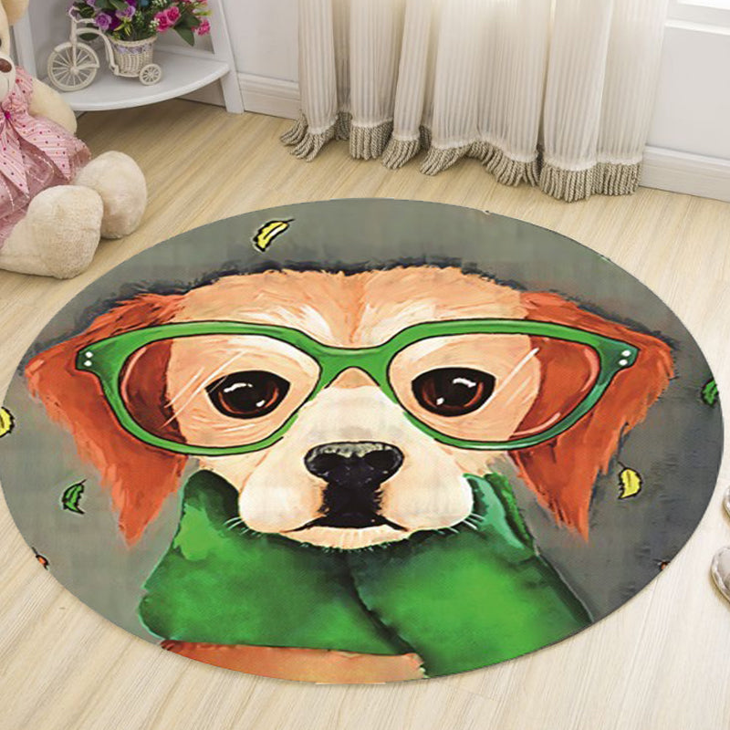 Grey and Green Child's Room Rug Kids Animal Dog Glasses Pattern Area Rug Polyester Anti-Slip Machine Washable - view 2